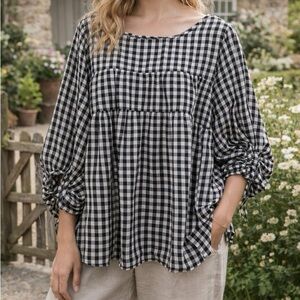 Max Studio Top Womens Small Black White Gingham Babydoll Milkmaid Ruffle NWT New